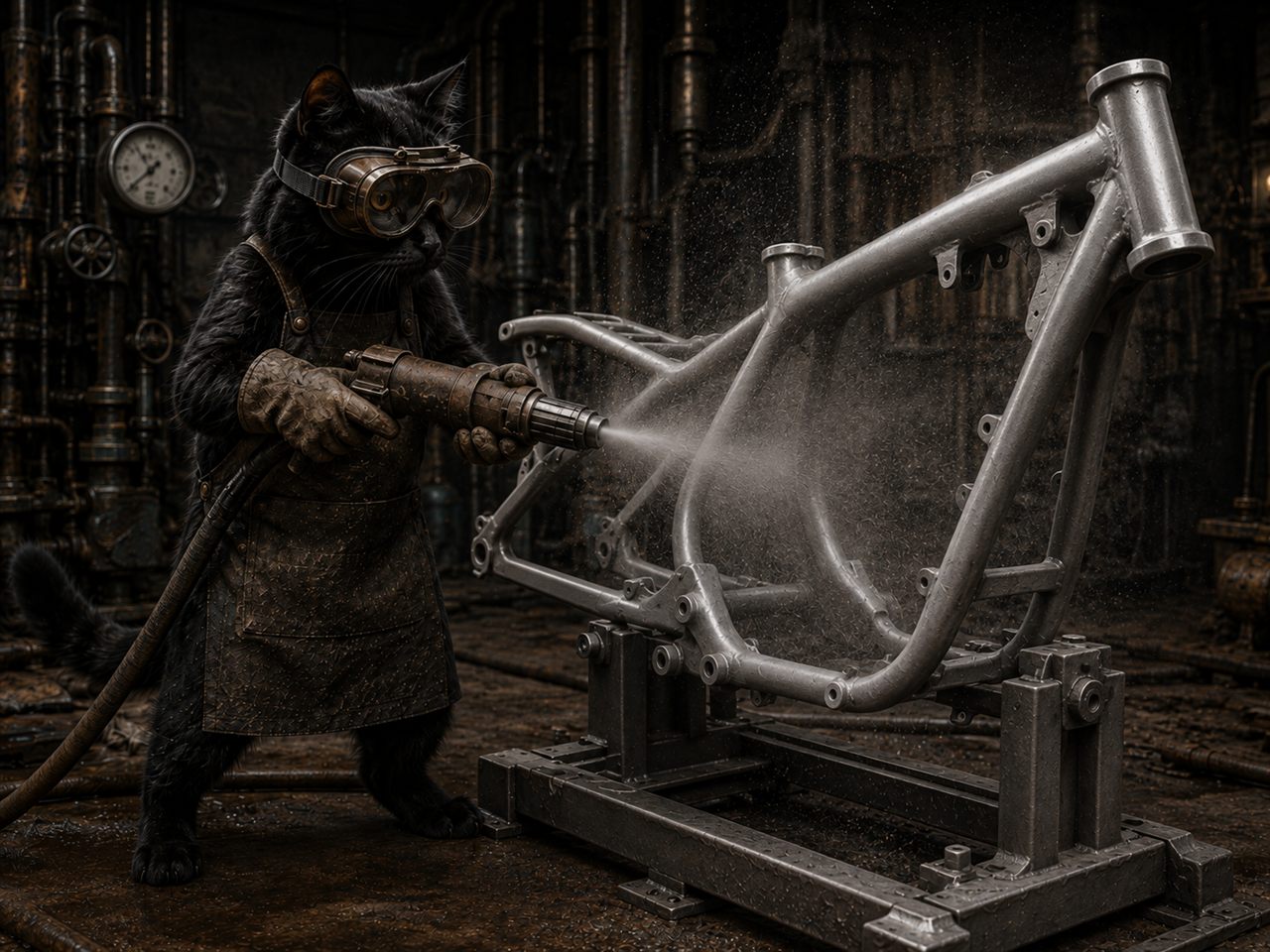 Rama motocyklowa po piaskowaniu — goły metal